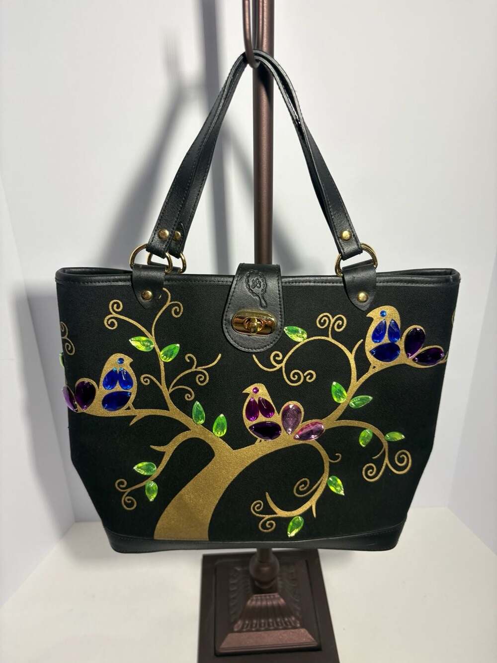 Lulu Guinness London Bejeweled Bird Tree Canvas Tote Bag.  Includes dust bag.